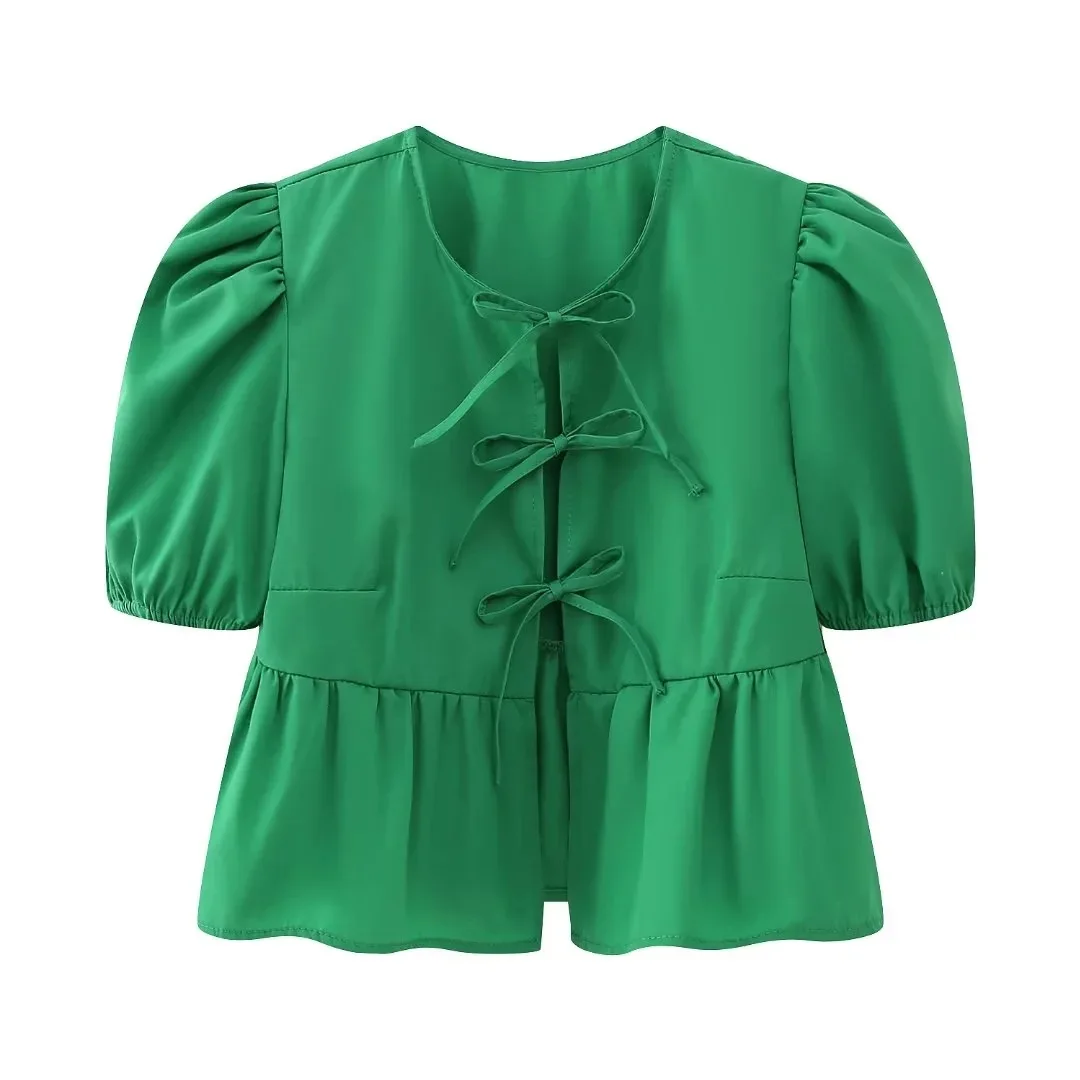 Bow Tie Lace Up Green Women Shirts Blouses 2024 Loose Puff Sleeve Pleat Girl Shirt Top Spring Summer New Cropped Lady Streetwear