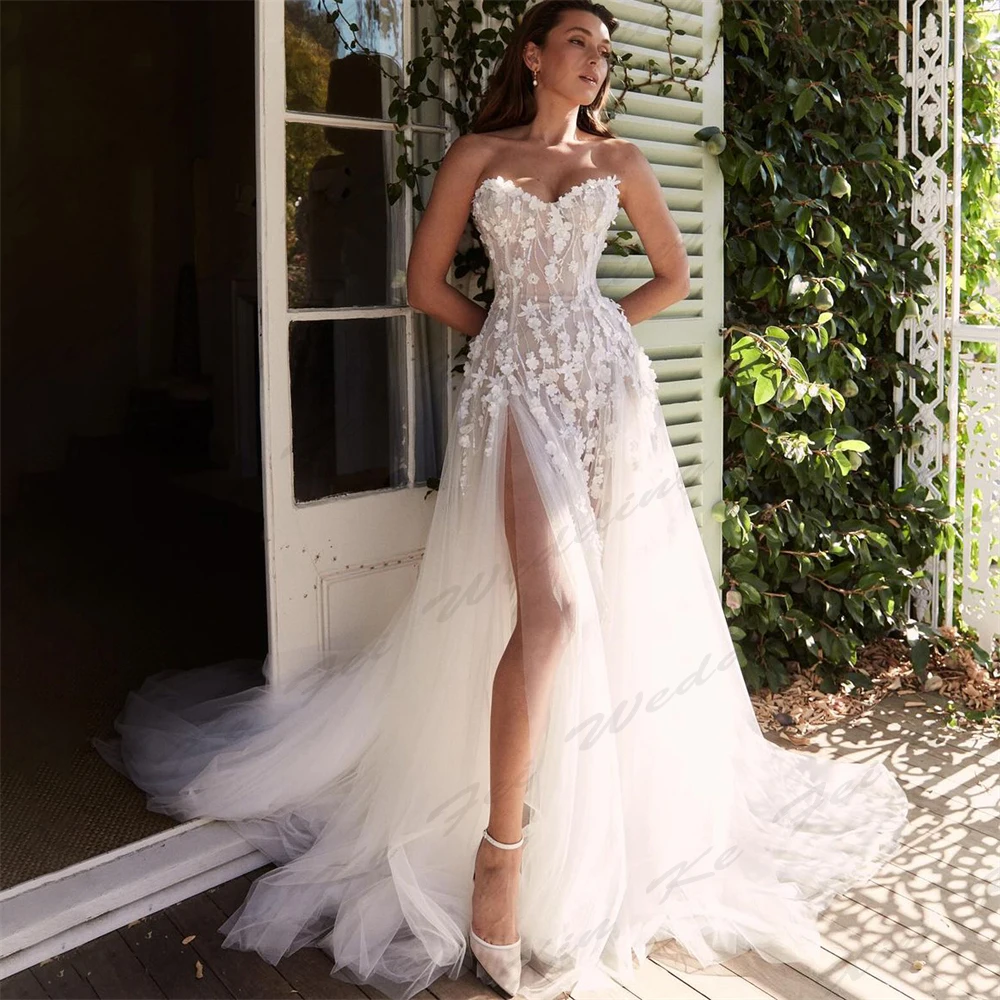 Sexy Illusion Mermaid Wedding Dresses Lace Appliques Off The Shoulder Sleeveless High Slit Simple Mopping Bride Gowns For Women