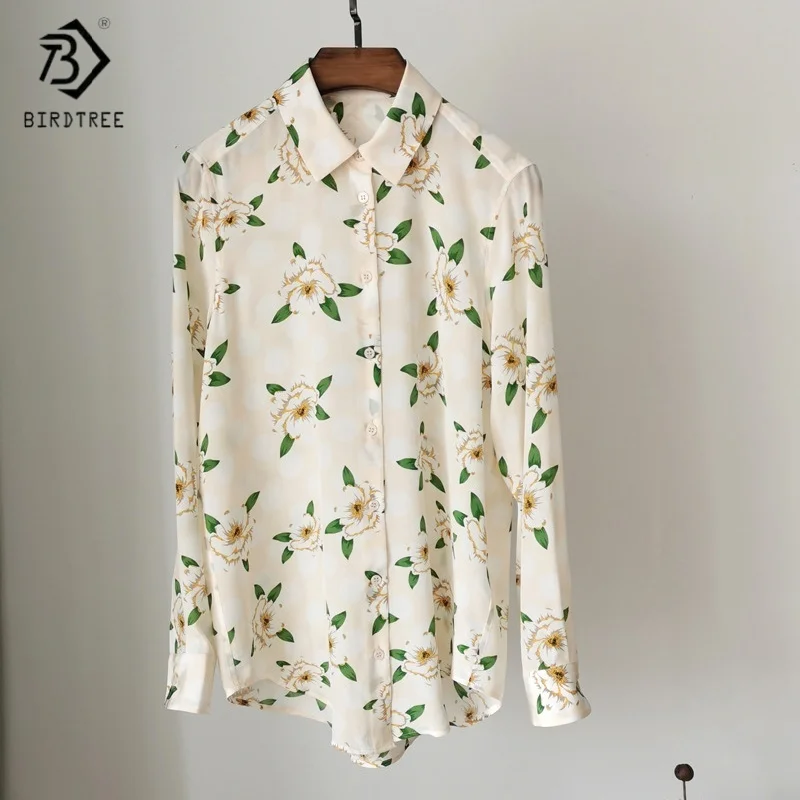 

Birdtree,18MM 100% Real Silk Print Blouse,Women's Double Crepe Lapel Neck Loose Tops,Single Breasted,2025 New Shirt T5D303JF