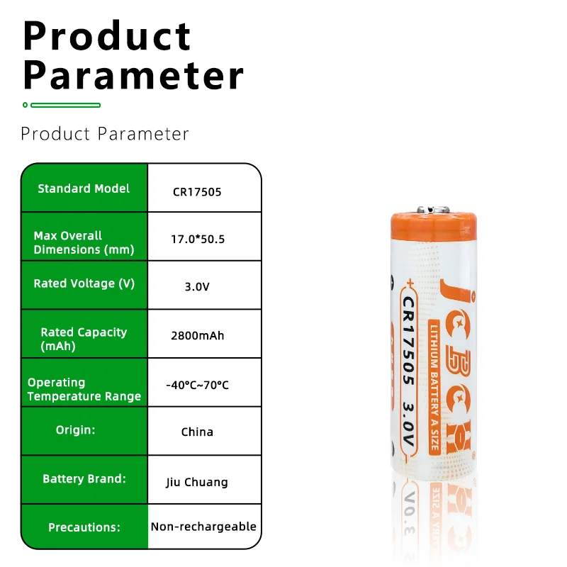 JCBCH CR17505 Lithium Battery 3V Smart Water Meter, Heat Meter, Smoke Alarm, Servo Driver, Gas Detector, Natural Gas Meter