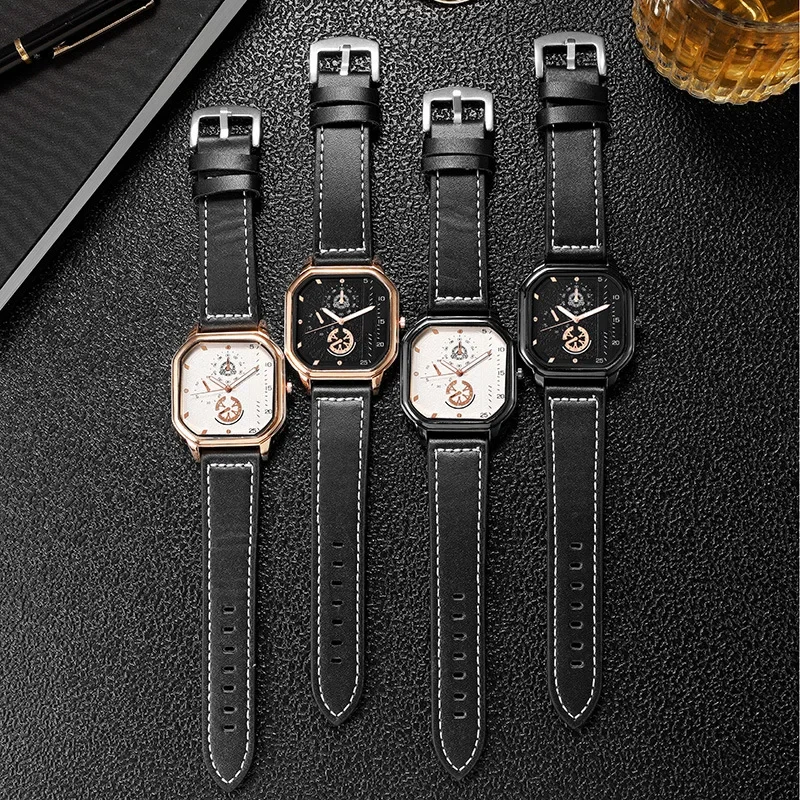 Square Dial Watch Leather Strap Mens Watches Luxury Sports Date Quartz Wristwatches Man Chronograph Quartz Wrist Clock Relogios