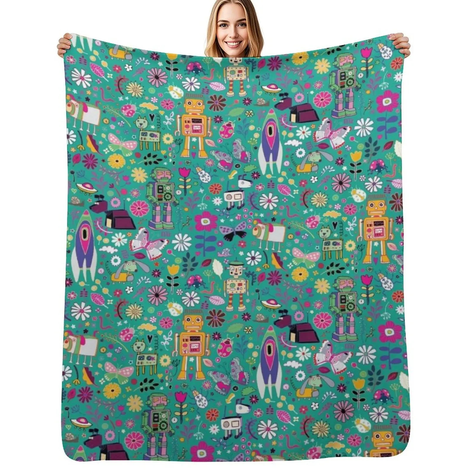 

Electric Dreams - pink and turquoise - floral robot fun pattern by Cecca Designs Throw Blanket warm winter Blanket