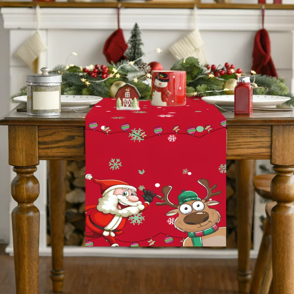 178CM Festive Christmas Table Runner Santa Claus Print Fabric Placemat Holiday Dining Table Cover Home Party Ornament