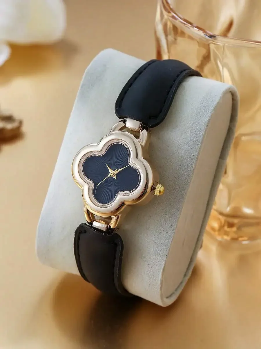 

Four Leaf Clover Shape Quartz Watch With Genuine Leather Strap For Women