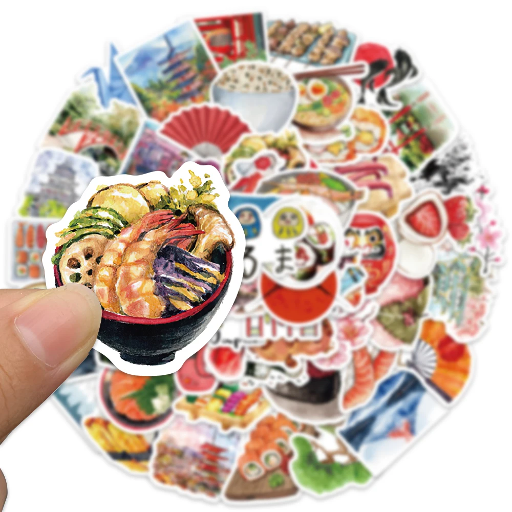 64PCS Watercolor Japan Travel Cartoon Sushi Graffiti DIY Sticker Phone Guitar Laptop Notebook Suitcase Cup Waterproof Sticker
