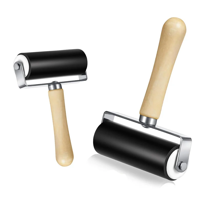 Rubber Brayer Roller with Wooden Handle 2 Size Printing Ink Roller Manual Brayer Roller for Printmaking Color Block Stamping