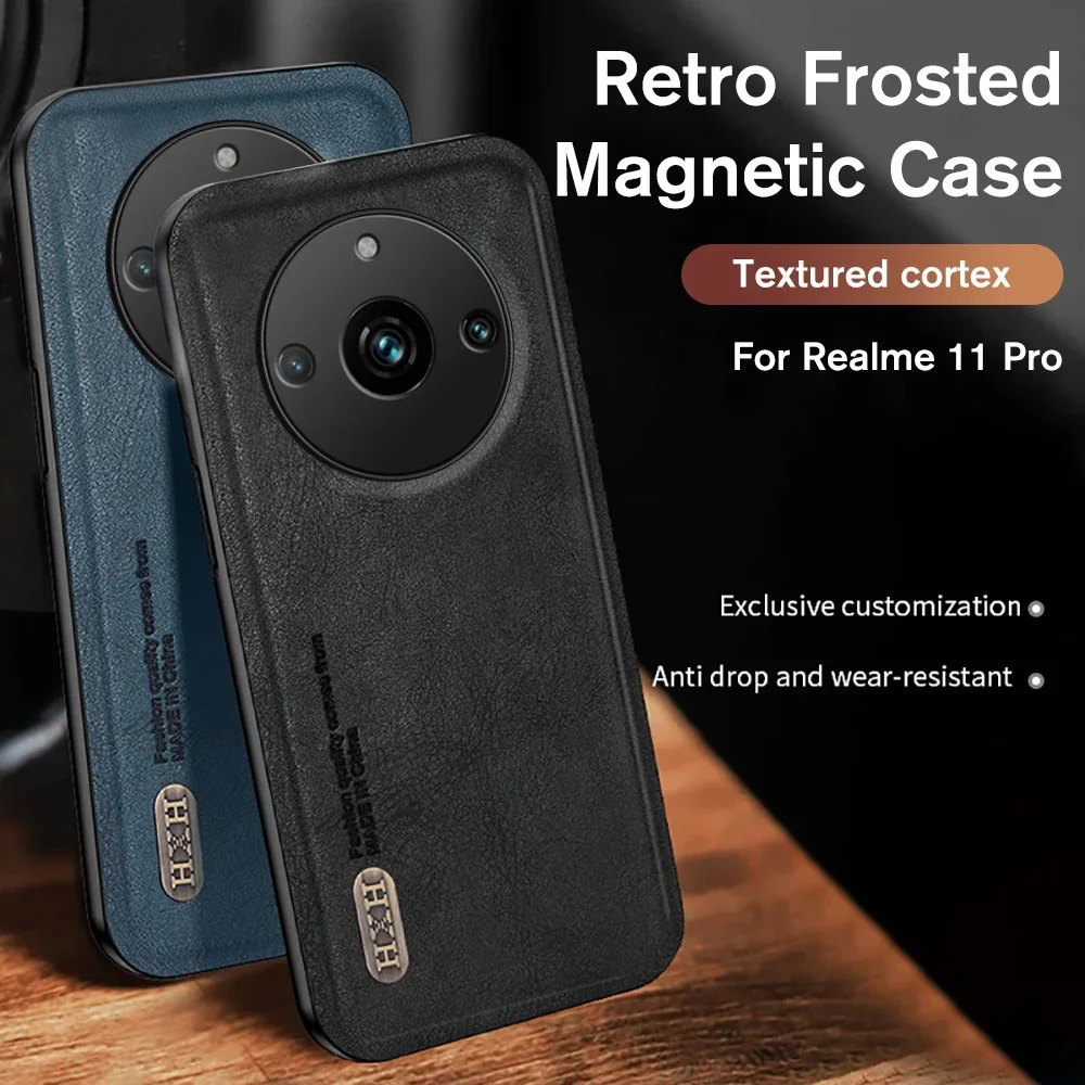 

Retro Matte Leather Texture Case For Realme 11 Pro+ Car Magnetic Camera Shockproof Cover Realme11 Pro Plus Realmy Ralme 11Pro 5G