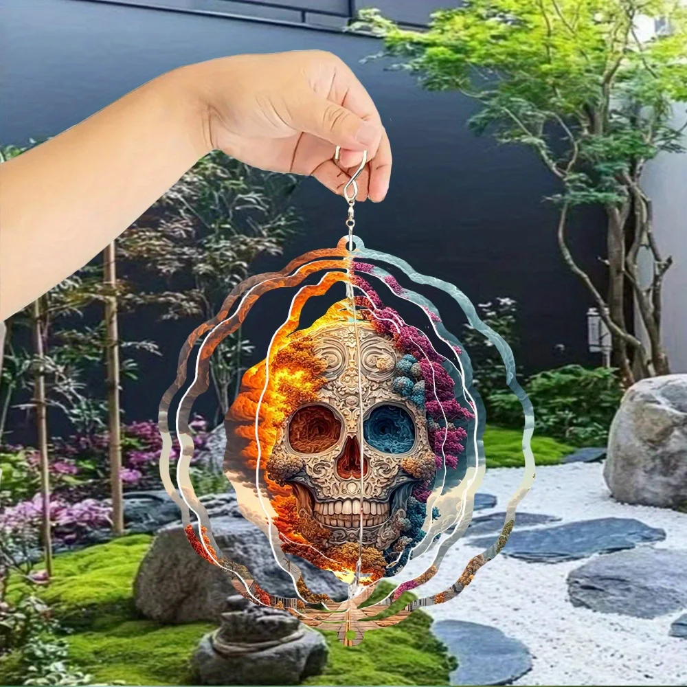 1pc of Exquisite Skull Print Metal 3D Spinning Wind Chime with a 360° Rotating Hook, Creating a Dynamic Artistic Effect.