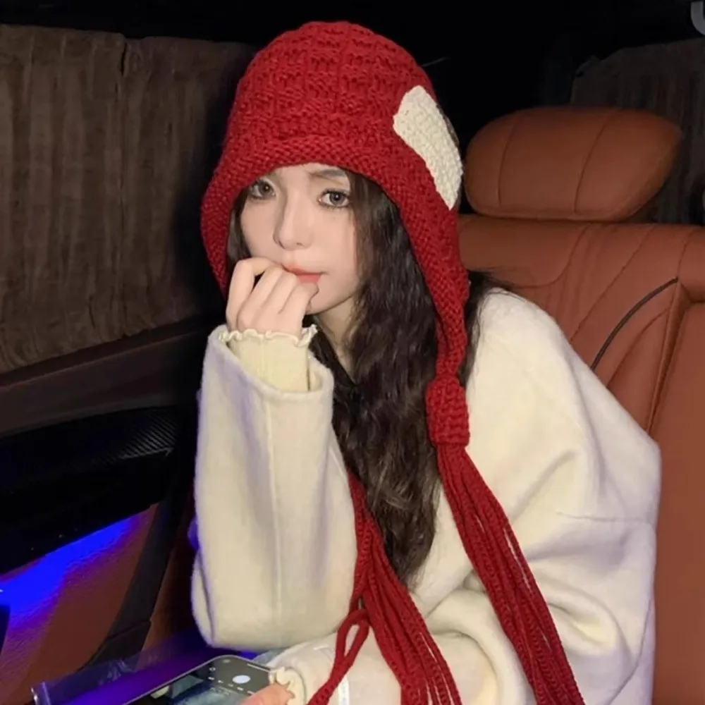 Casual Cloth Sticker Fringed Knitted Hat Pullover Style Ear Protection Handmade Braids Hat Solid Color Crochet Bonnet
