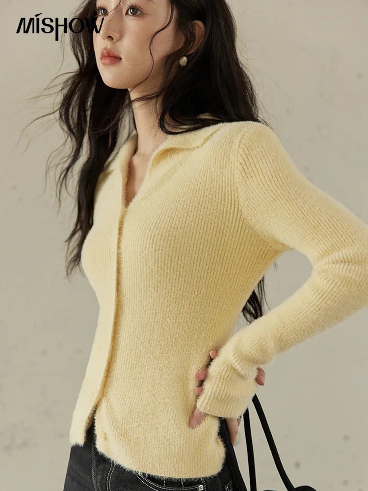 MISHOW Mink Wool Knitted Sweater Women 2024 Fall Winter New French Gentle Design Slim Lapel Long Sleeved Thin Sweater MXD36Z1017