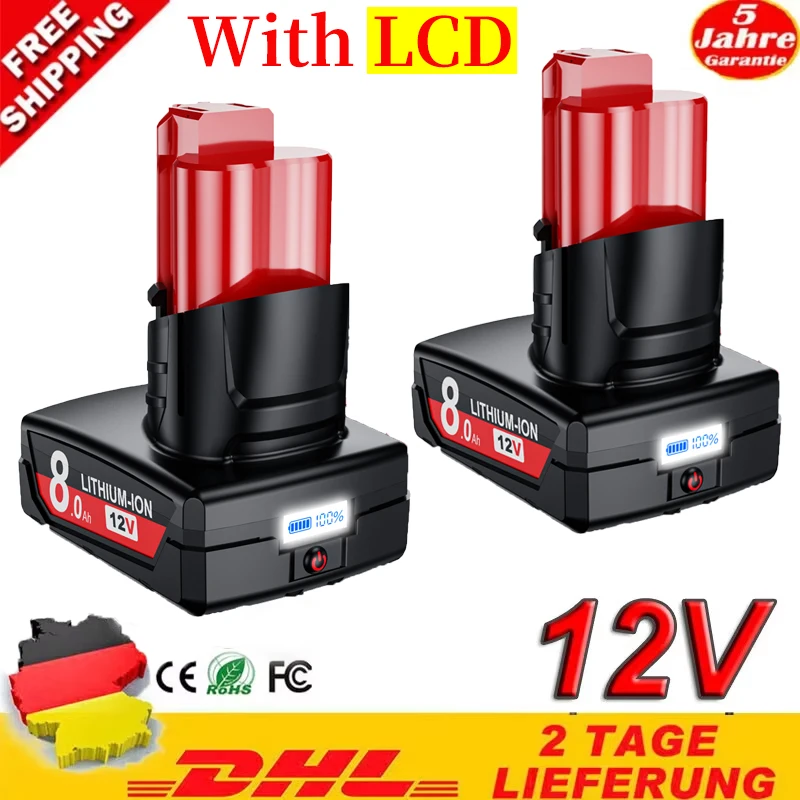 Batteria Ricaricabile 12V 8000mAh con Display LCD per Utensili Milwaukee M12 48-11-2402 48-11-2401 48-11-2411
