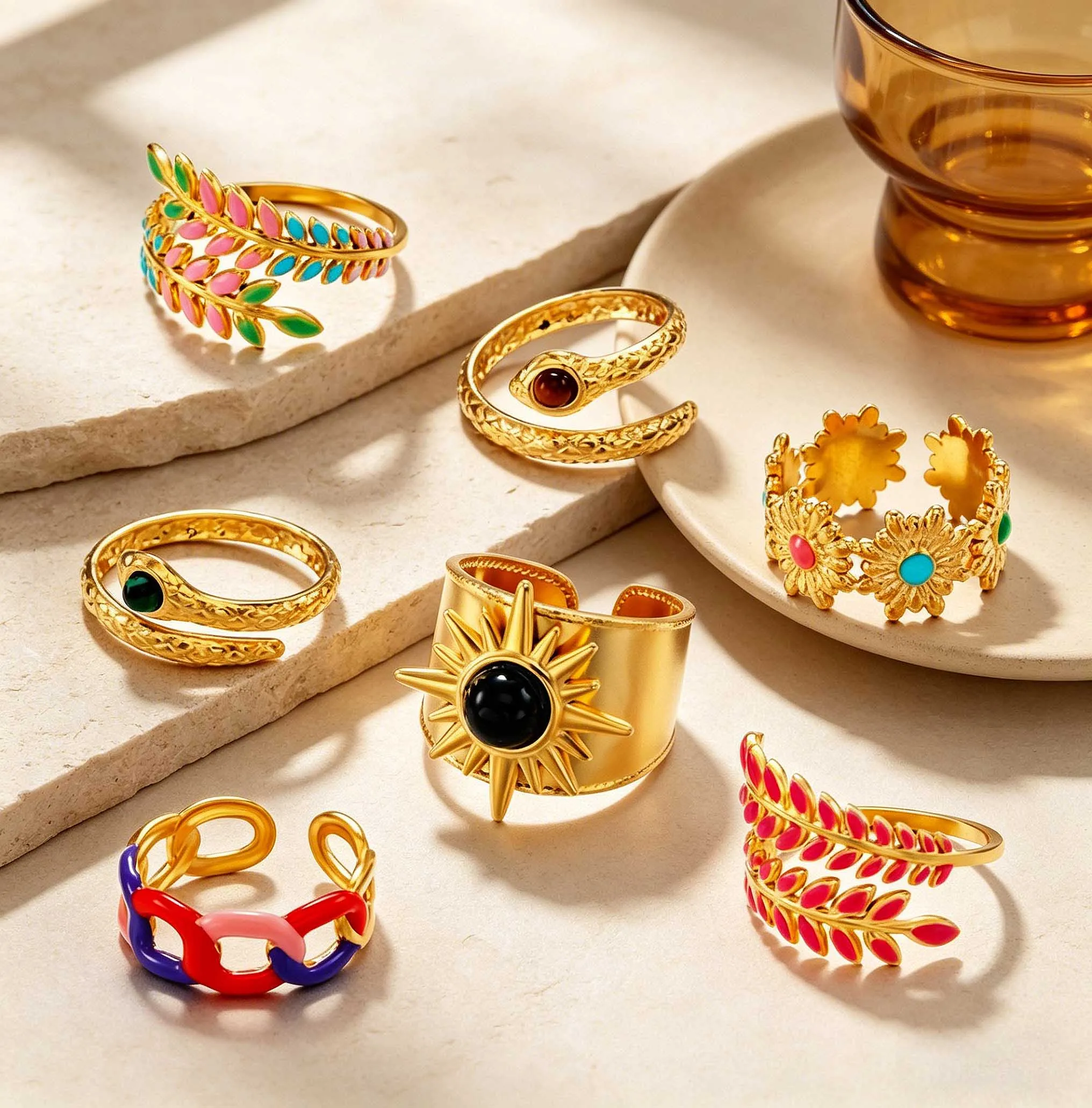 Vintage Fashion Various Style Oil Drip Flower Snake Rings For Women Stainless Steel Open Rings Gold Plated Banquet Jewelry Gift