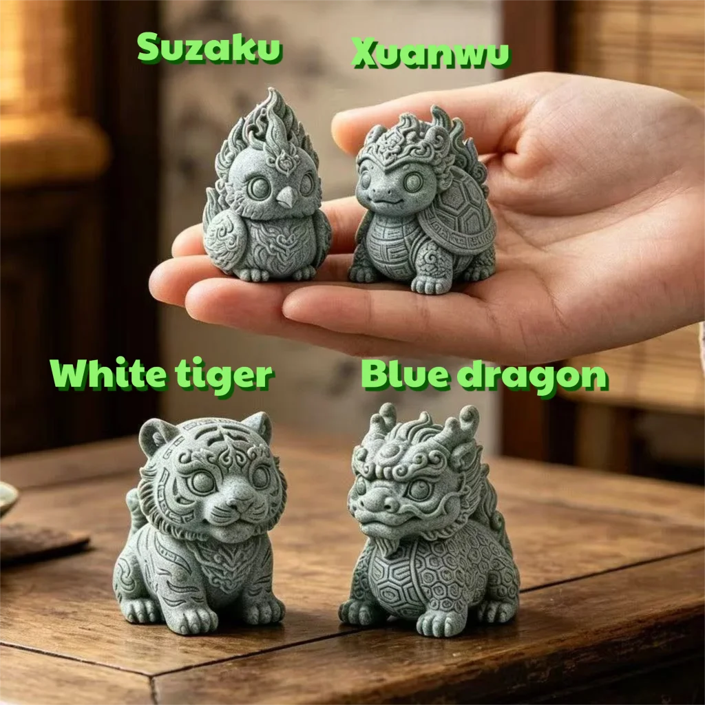 4Pcs Resin Chinese Four Symbols Statues - Feng Shui Mythical Beasts Dragon Tiger Bird Tortoise for Home Office Tea Decor