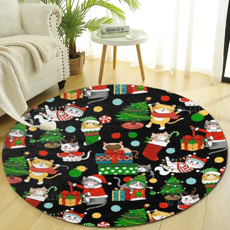 Christmas Kitty Lollipop Tree Gift Box Light Ball Festive Clothing And Red Socks Non Slip Flannel Round Floor Mat