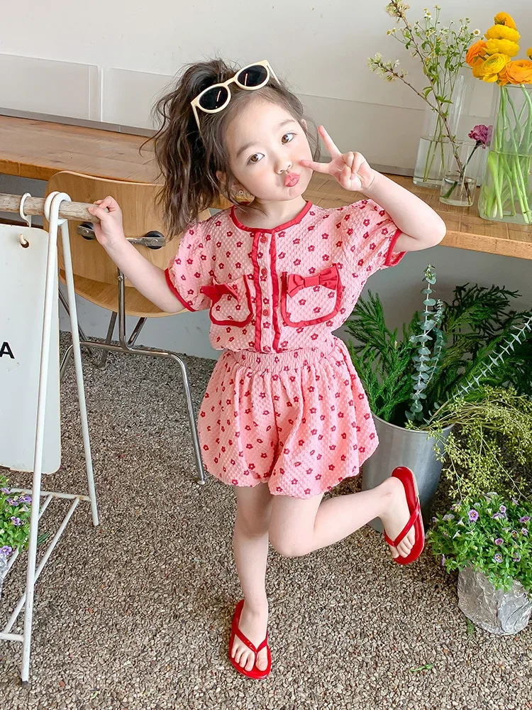 Children Girls Summer Fashion Clothing Set 2023 Baby Girl Bowknot Floral Blouse Tops + Shorts Two-piece Clothes Suits