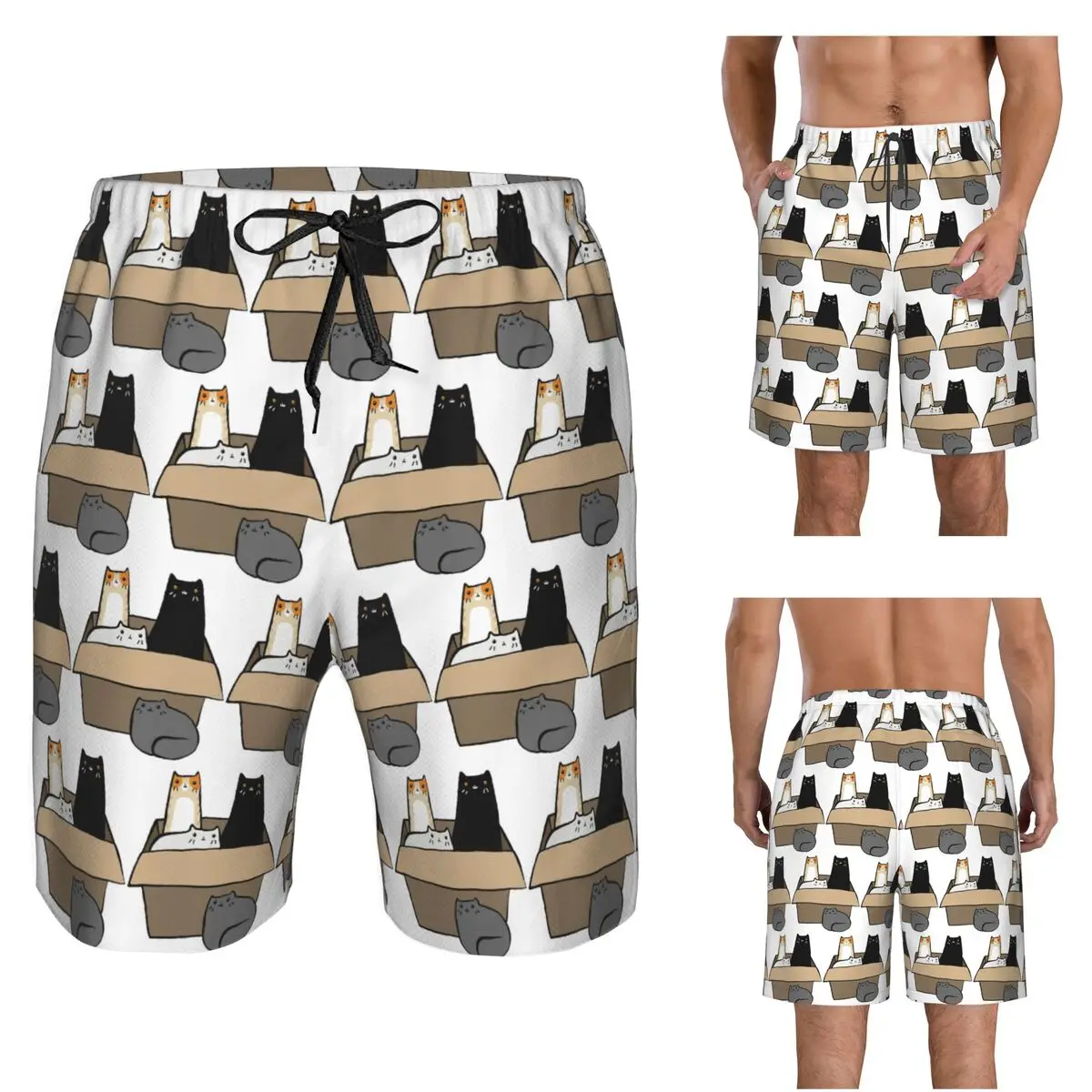 Cats In A Box Trunks Beach Board Shorts Casual Quick Dry Swimming Summer Men Pants