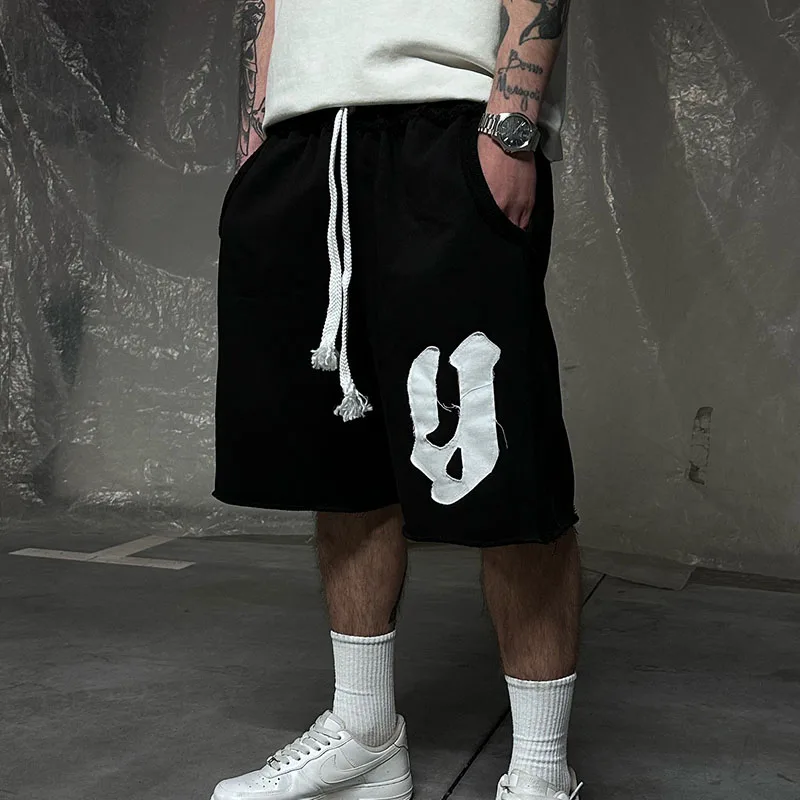

Y2K Europe America Summer Harajuku Straight Sweatpants Creative Letter Patchwork Loose Street Gothic Drawstring Straight Shorts
