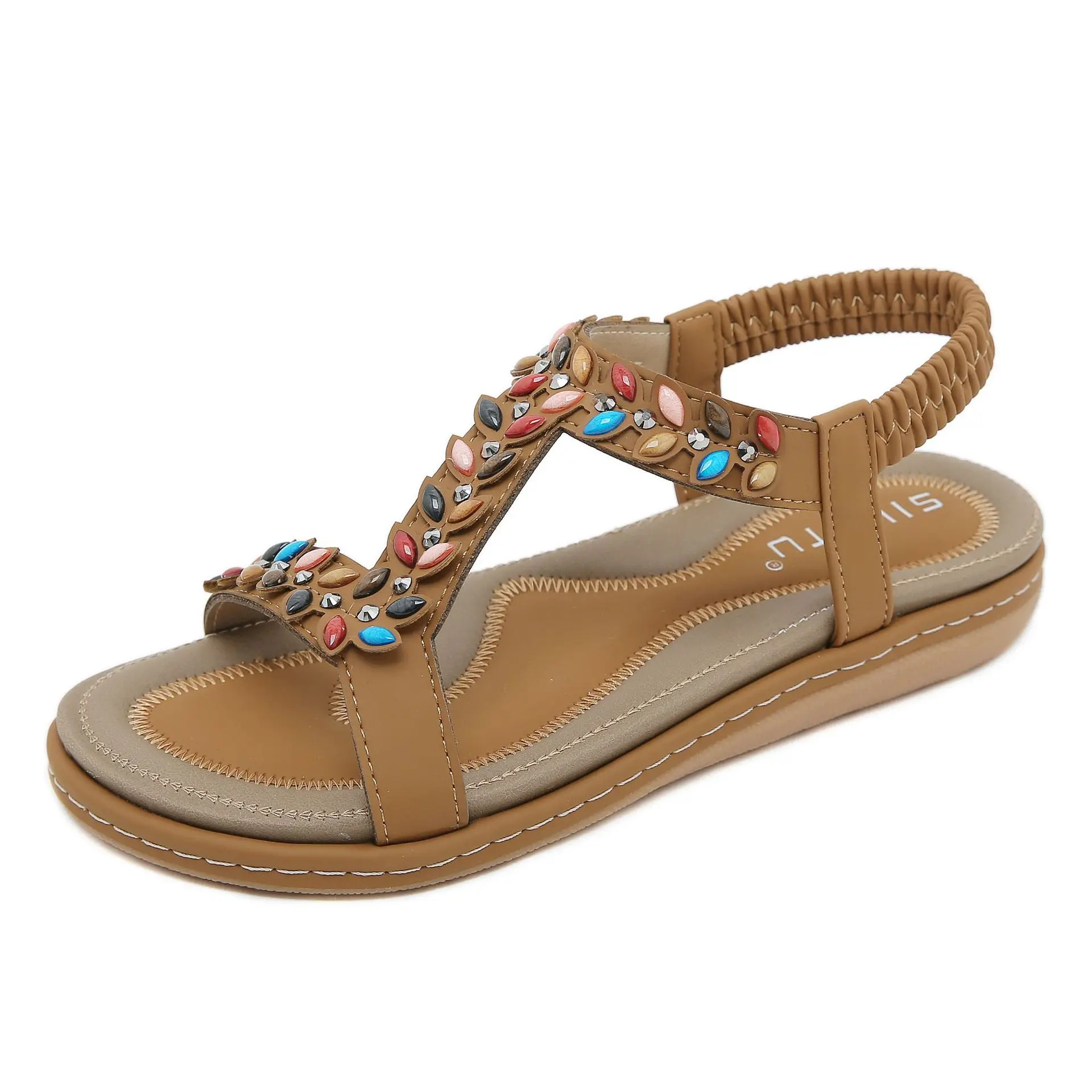 

2024 Summer Fashion Colorful Diamond Beaded Sandals Comfortable and Versatile Flat Bottom Elastic Strap Women's Sandals W676-5