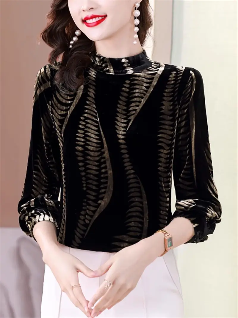 

Golden Velvet Tops Long Sleeve Bottom Shirt For Women's Spring Autumn And Winter Plush Thickened Half High Neck Blouse Z4015