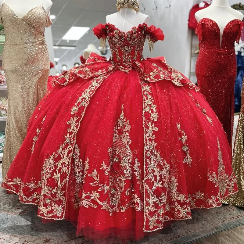 

Red Shiny Quinceanera Dresses Off The Shoulder Gold Lace Applique Beading Tull Mexican Corset Sweet 16 Vestidos De 15 Años