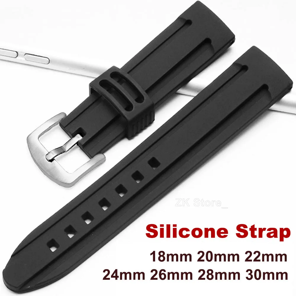 Silicone Watch Straps 18/20/22/24/26/28/30mm Sport Watchband Soft Diving Waterproof Wristband Belt Metal Brushed Clasp Bracelet