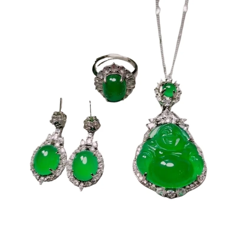 

High Ice Green Marrow Maitreya Buddha Pendant Silver Inlaid Ring Earrings Femininity Set Jewelry