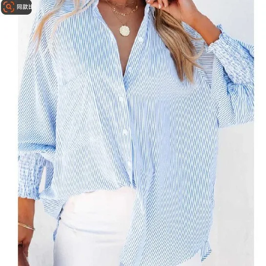 

Spring And Autumn Top Striped Stand-Up Collar Shirt Loose Wrap Bubble Long Sleeve Shirt
