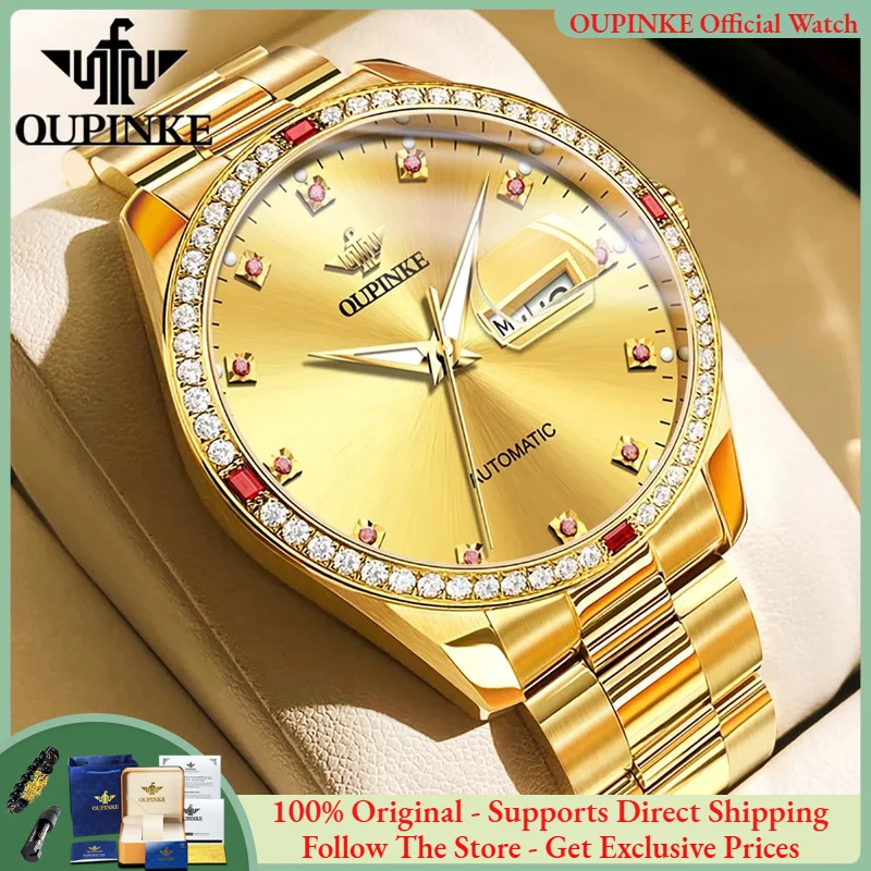 

OUPINKE 3261 Gold Automatic Mechanical Men's Watch HD Original Sapphire Mirror Waterproof Dual Calendar Business Men Watch Reloj