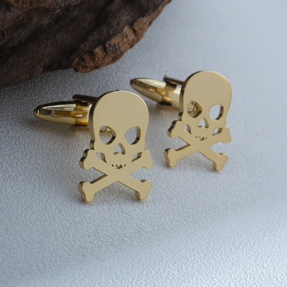 Gemelos de calavera pirata Punk de acero inoxidable para hombre, gemelos de esqueleto vikingo Vintage para camisas, accesorios de fiesta de Rock con