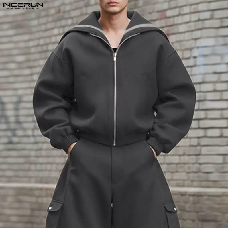 INCERUN Men Jackets Printing Patchwork Navy Collar Long Sleeve Male Coats 2026 Spring Autumn Zipper Fashion Casual Outerwear Me