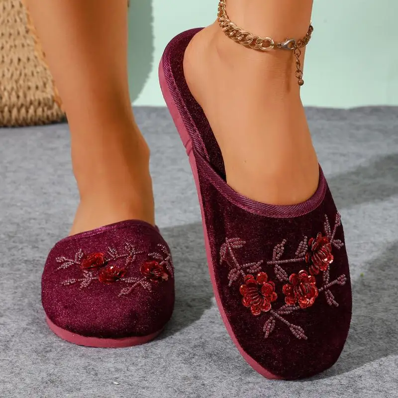 Bunte Pailletten-Blumen-Hausschuhe für Damen, Herbst, leichte, weiche Plüsch-Mules, warme Schlafzimmer-Slipper für Frauen – Detail 12