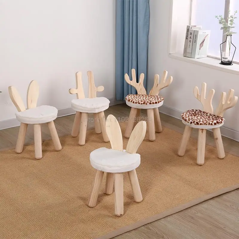 Children's Stool Chair Fashion Creative Cute Cartoon Animal Solid Wood Non-slip Padded Bench Home Baby