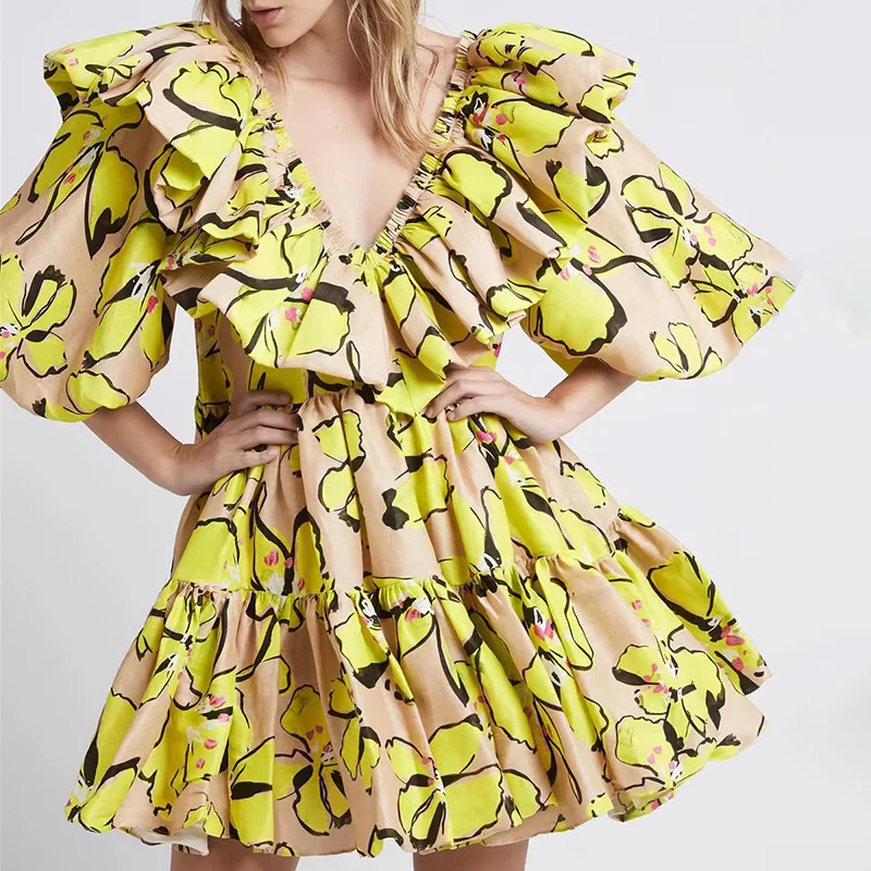 

summer Printed 2023 puffy skirt new style personality V-neck ruffle stitching puff sleeve short A-line dress