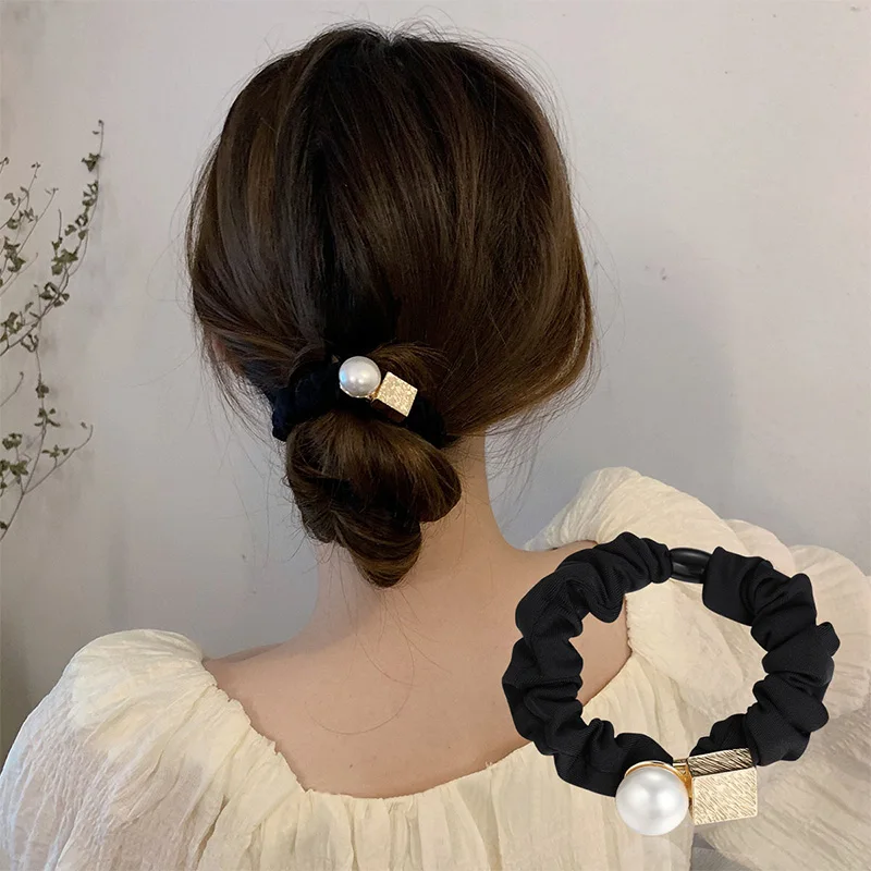 CHIMERA Hair Ties Alloy Square Block Round Beads Black Hair Elastic Band Simple Ponytail Holder Hair Rope Hair Accessories