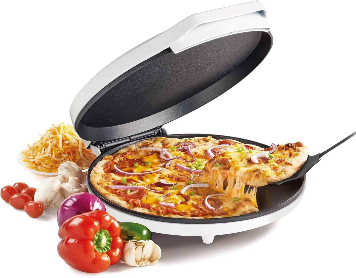 

Электрический гриль Pizza Maker Plus, 12 дюймов, для использования в помещении, с антипригарным покрытием для пиццы, кесадилл, тортилий, начос и многого другого, 12