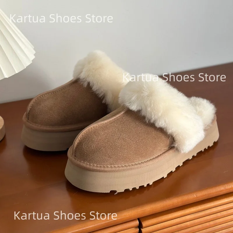 Zapatillas de ante marrón para mujer, pantuflas con diseño de suela gruesa y cuello peludo para exteriores, zapatos planos clásicos con punta redonda para uso diario, invierno