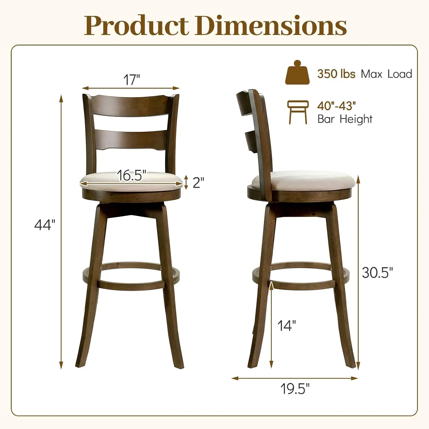 Swivel Barstools 4-Pack, 360° Rotating Bar Height Chairs with Backrest & Upholstered Seat, Rubber Wood High Top with Footrest fo