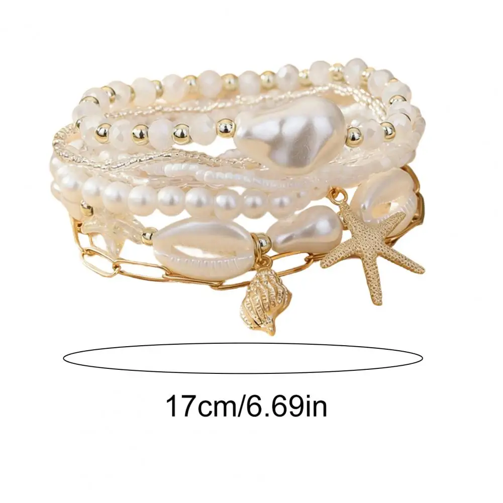 Gold Plated Bead Bracelet Summer Beach Bracelet Set for Women Faux Pearl Seashell Starfish Boho Layered Beaded Stretch Bracelets