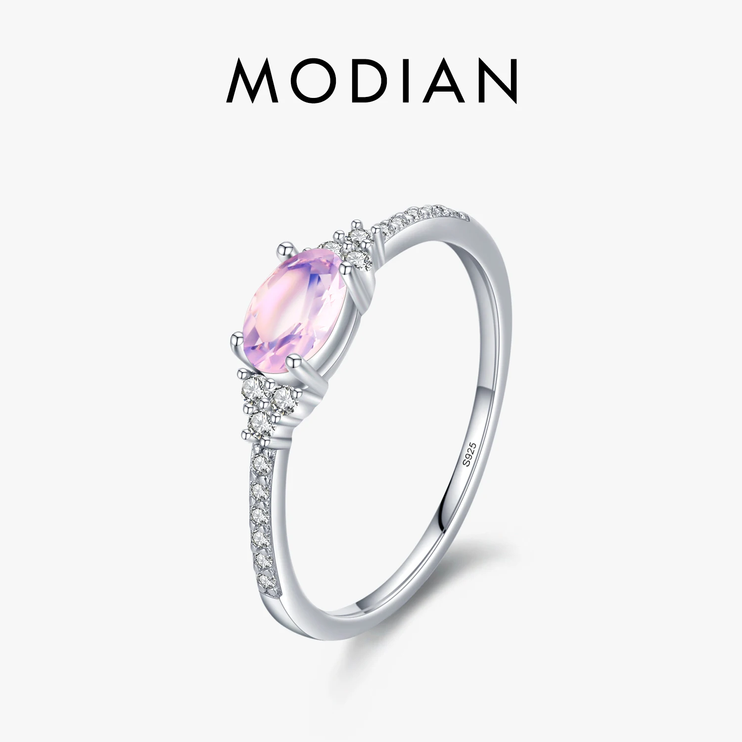 MODIAN 925 Sterling Silver Pink MoonStone Elegancki pierścionek na palec do układania w stosy dla kobiet Prezenty świąteczne Drobna biżuteria