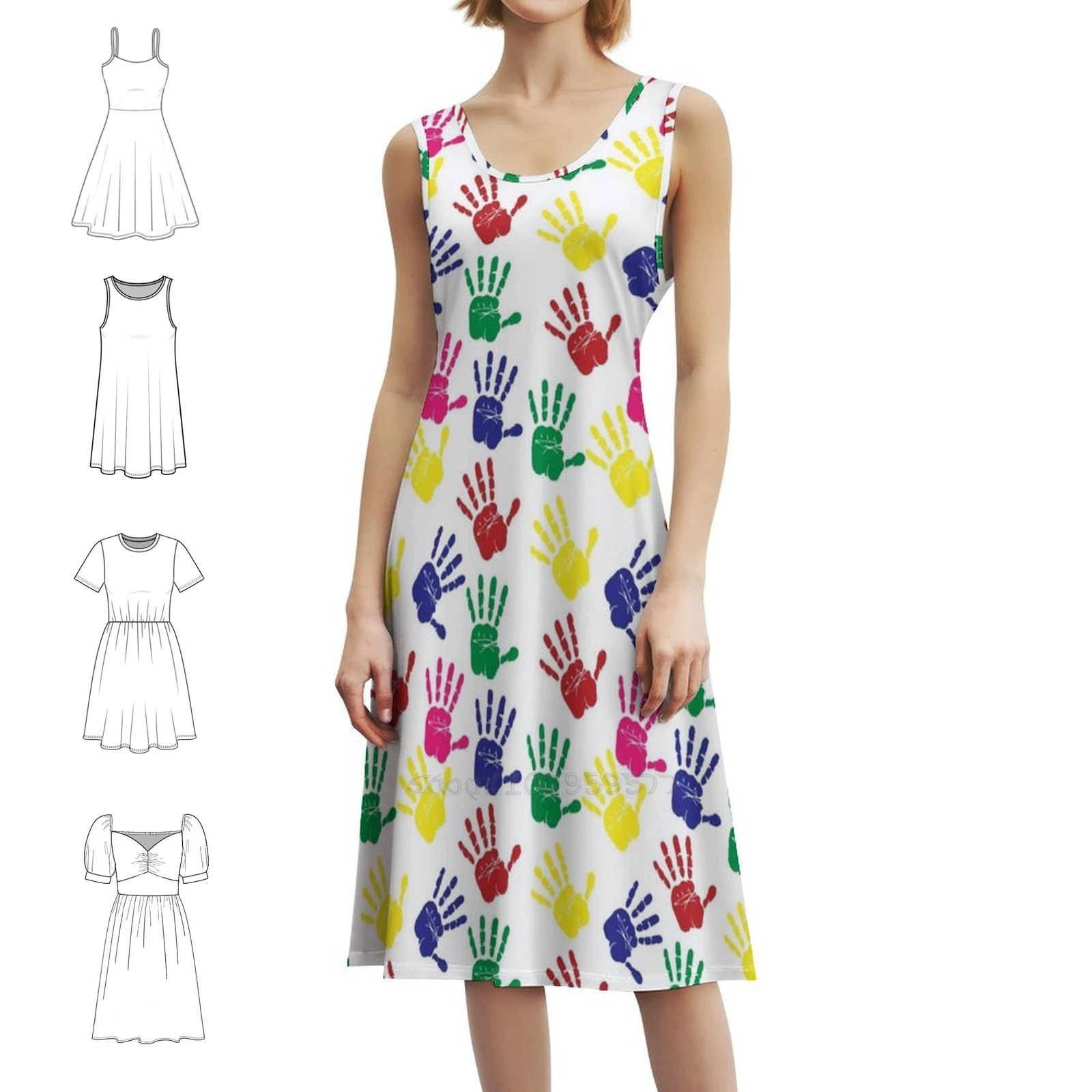 Colorful Handprints Vintage Bohemian Dress Puff Sleeve Or Sleeveless Options For Women Dress Handprints Colorful Rainbow Red