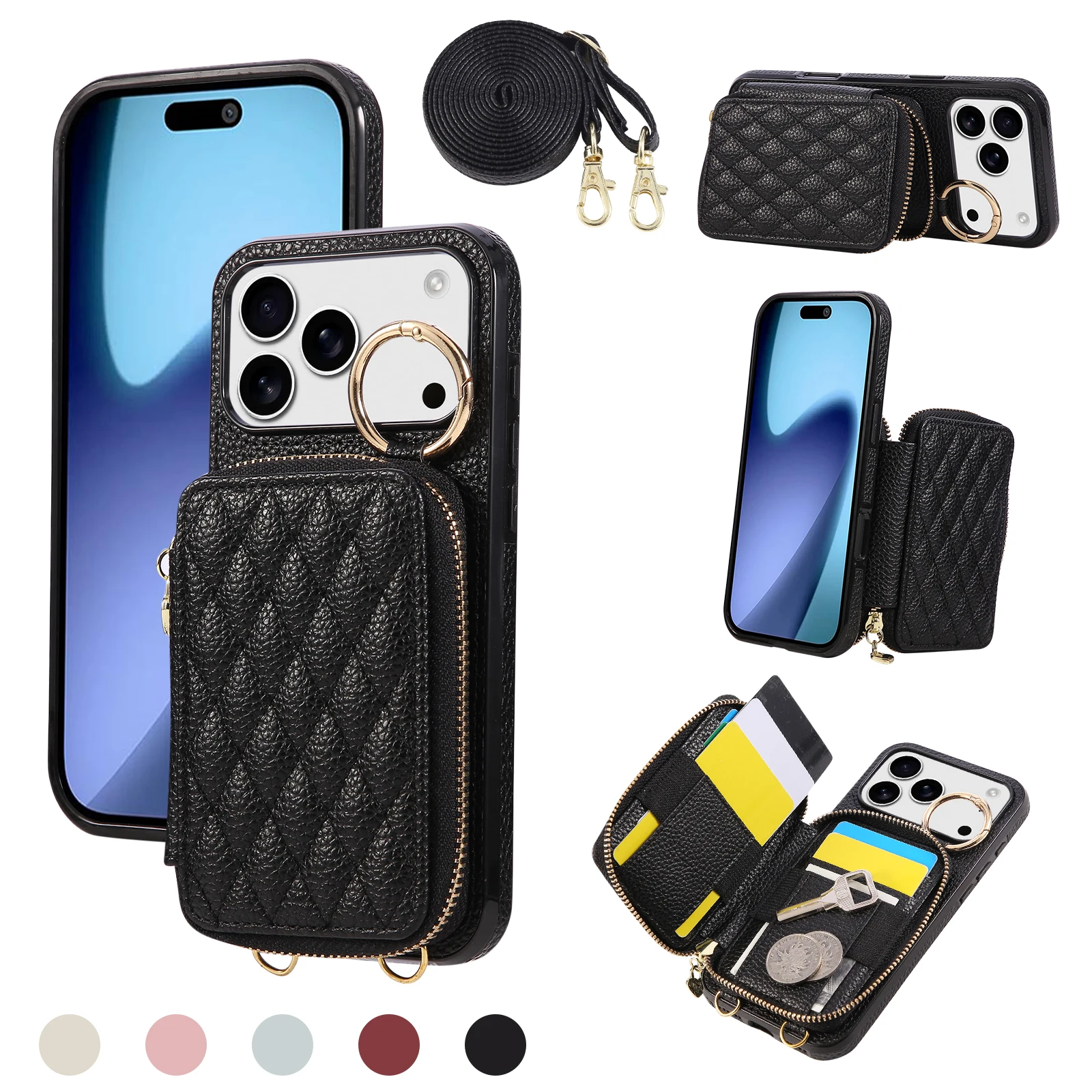 

Кожаный чехол для телефона с застежкой-молнией через плечо для IPhone 17 Air 16E 16 15 14 13 12 11 Pro Max XS XR 8 7 Plus, чехол-кошелек с держателем для карт