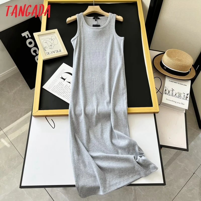 Tangada 2023 Summer Women Solid Cotton Knit Pencil Dress High Quality Elegant Ladies Midi Dress 6D225