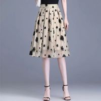 Summer Women Fashion Korean High Waist Flowers Mesh Skirts Folds New Elastic High Waist Casual Thin Slim Versatile A-line Skirt