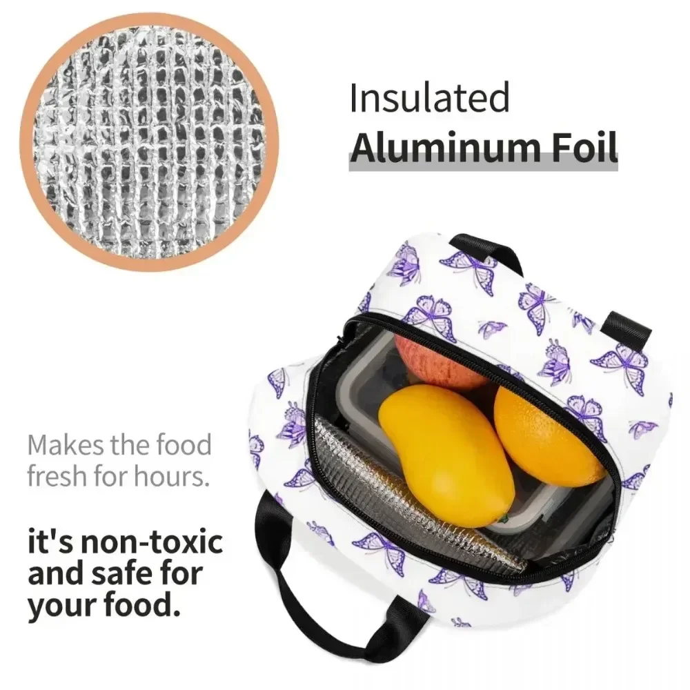 The Purple Butterfly Print Insulated Lunch Bags Resuable Picnic Bags Thermal Cooler Lunch Box Lunch Tote for Woman Work Children