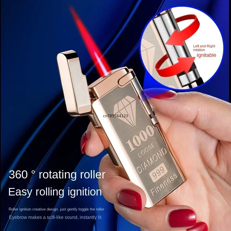 Metal Electroplated Thin Windproof Red Flame Inflatable Lighter Roller Sideslip Ignition Battery Butane Gas Lighter Gift No Gas