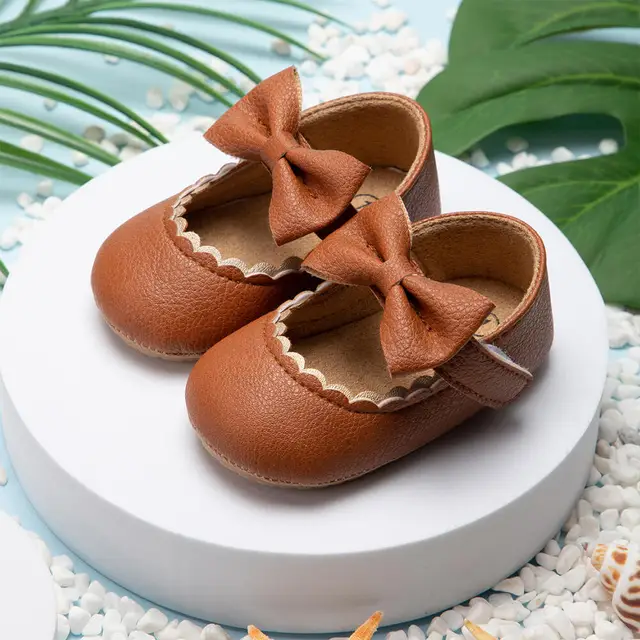 Retro New Newborn Baby Walking Shoes Spring Autumn Solid Color Bow Princess Shoes PU Anti-slip Soft Rubber Bottom Baby Casual 5