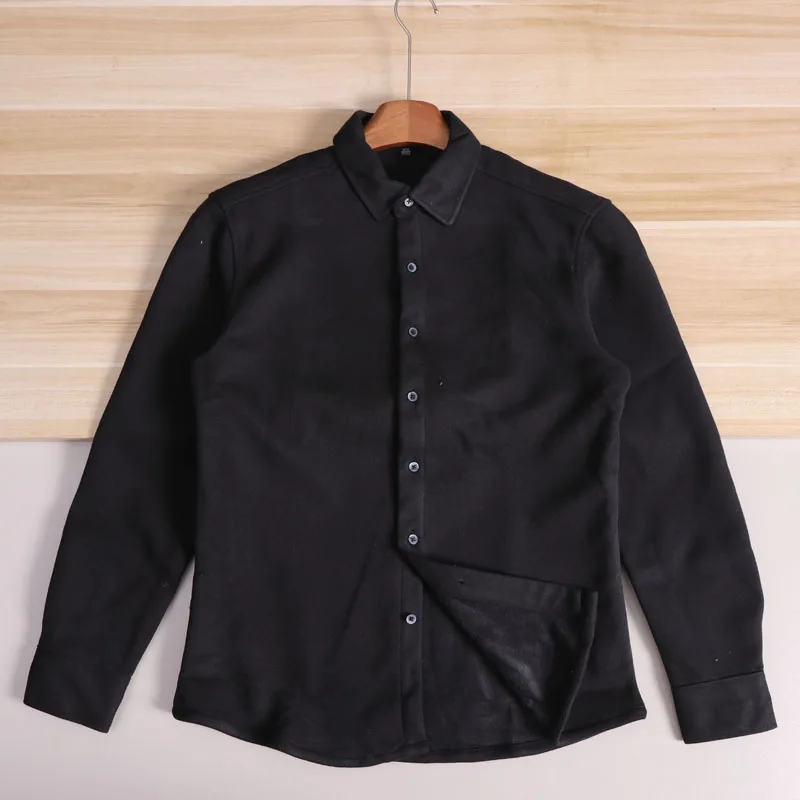 暖かい裏地付きの長袖カジュアルシャツ、男性用通勤用、折り返し襟、秋冬、ファッショナブルなポリエステル...