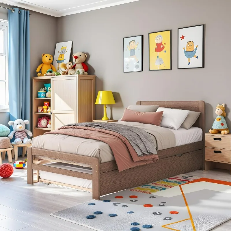 

Platform Bed Frame with Headboard & Trundle, Rubber Wood Bed Frame with Wood Slats Support, Bed Frame No Box Spring Needed