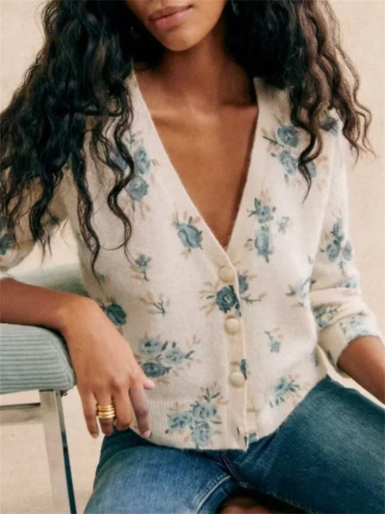 

Женский винтажный трикотажный кардиган, однобортный шерстяной свитер из мохера с цветочным принтом и V-образным вырезом, 2023