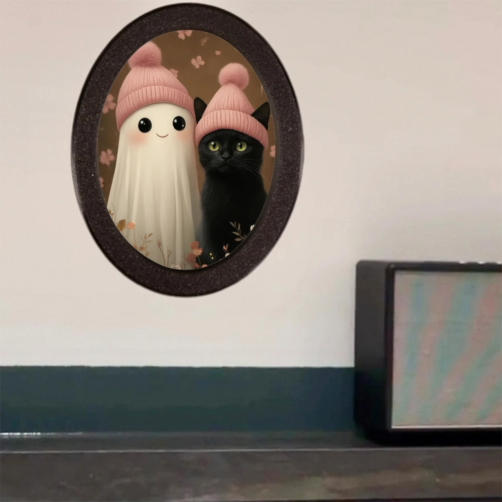 Cross - border Black Oval Photo Frame with Ghost & Black Cat Illustration, Featuring Cute Pink Hats and Flower Elements, Suited